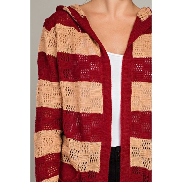 Open Knitted Striped Hooded Cardigan w/ Pockets - Picture 2 of 11